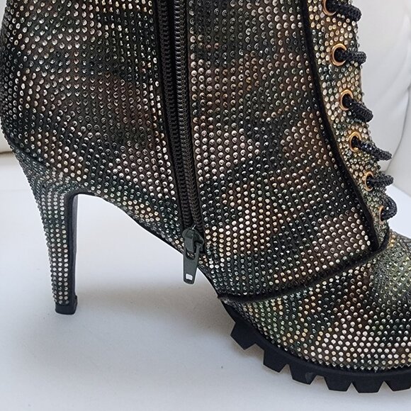 GLAM CAMO Crystal Studded Lug Sole Combat Stiletto Heel Boots - Size 10 LIKE NEW - Picture 5 of 10